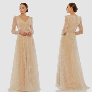 MAC DUGGAL 67859 Sequin Embellished Formal Evening Gown, Champagne, Size 14